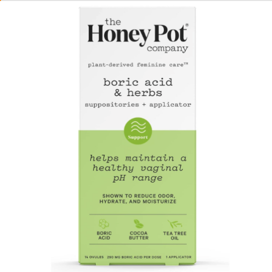 White and green box that says The Honey Pot Company boric acid & herbs suppositories + applicator